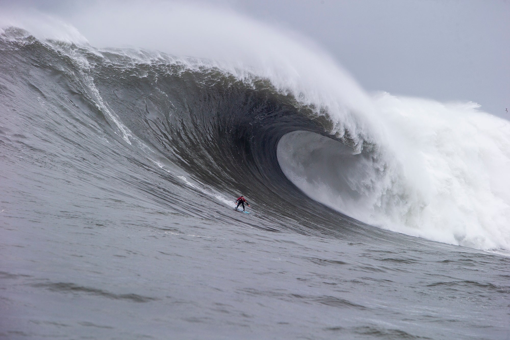 Surfer riding a large wave in the ocean