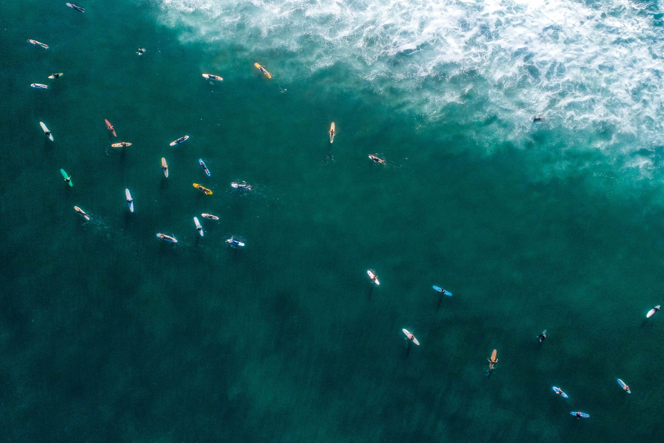 Aerial view of surfers paddling on surfboards in the ocean.