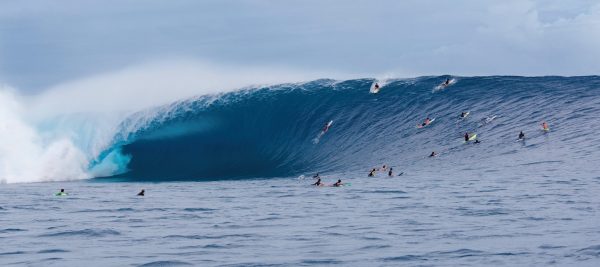 Limited edition panoramic wall fine art of a massive barrel at Cloudbreak Fiji, museum-quality ocean photography with certificate of authenticity by Fred Pompermayer.