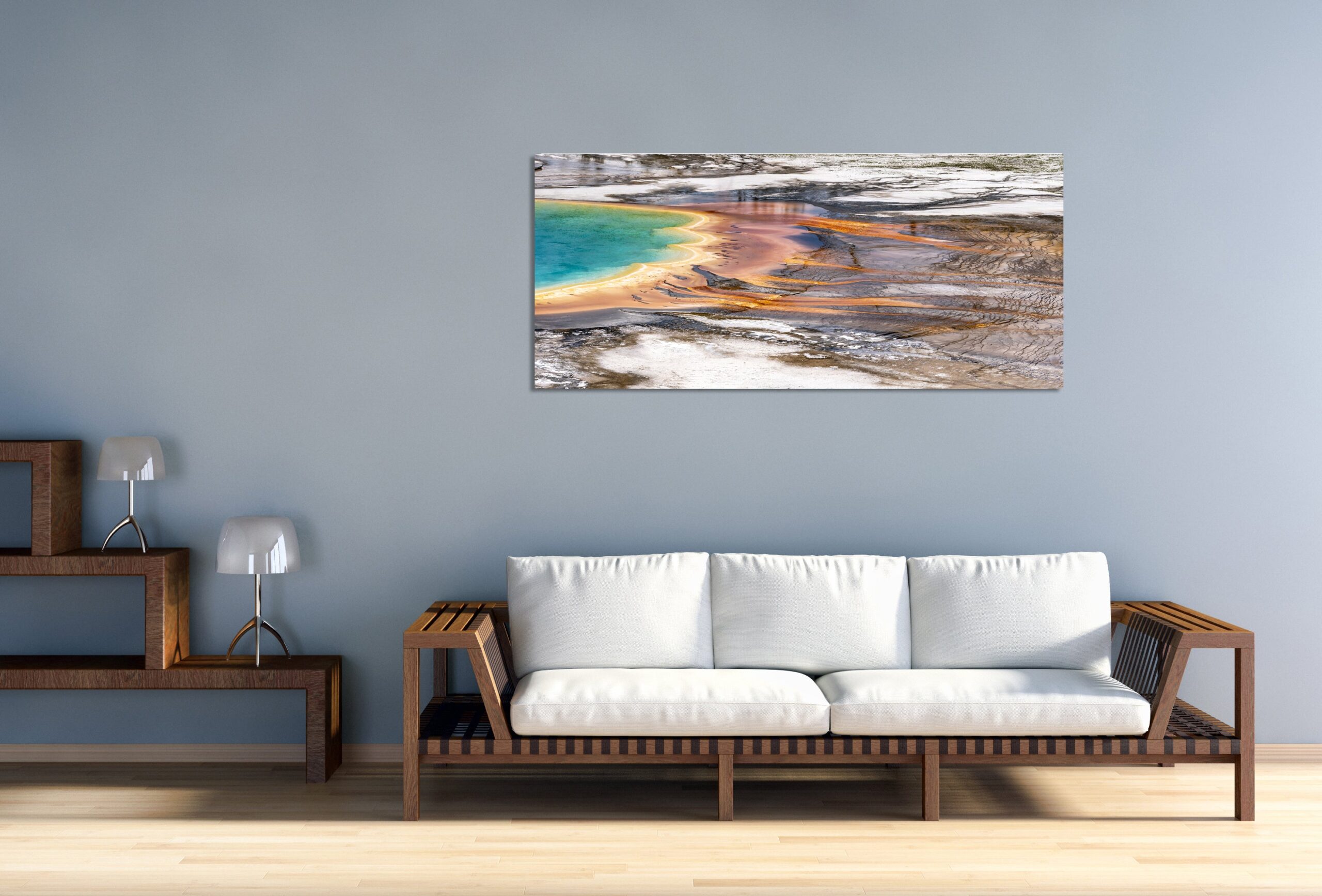 Premium mountain wall fine art of a High Sierra sunrise over snow mountains and steaming hot springs, limited edition landscape photography with certificate of authenticity.